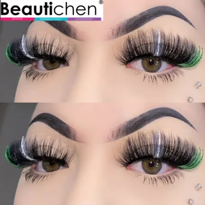 Beautichen Delineador de ojos Pestañas de colores Pestañas postizas Pestañas de visón gruesas y esponjosas Pestañas naturales dramáticas y esponjosas con brillo brillante Pestañas de tira de visón 3D